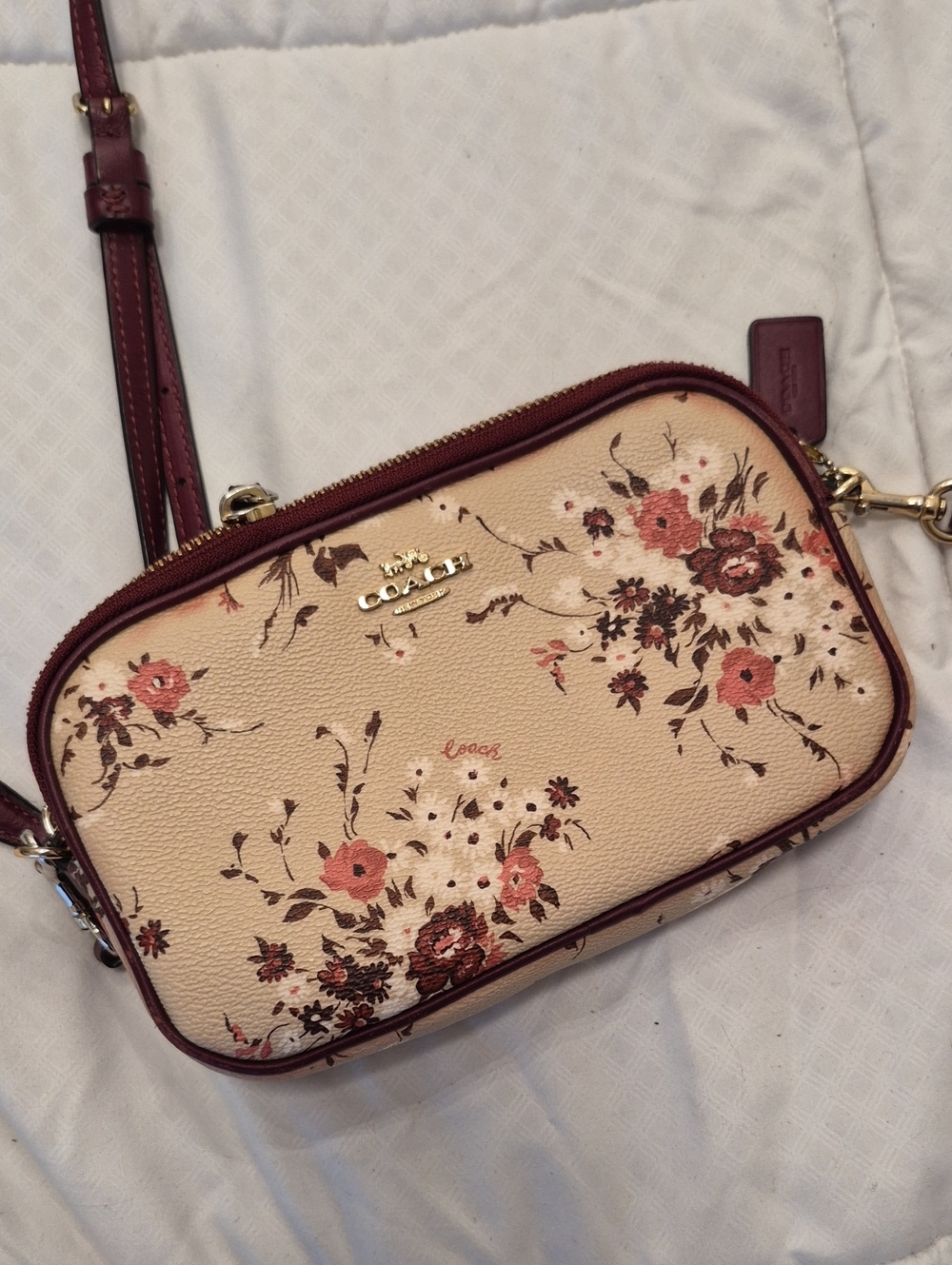 Coach Floral Crossbody in Beige and Burgundy Trim